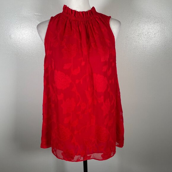 Michael Kors Blouse Top Womens Large Red Embossed Floral Shirred Neck Sleeveless - Picture 2 of 15